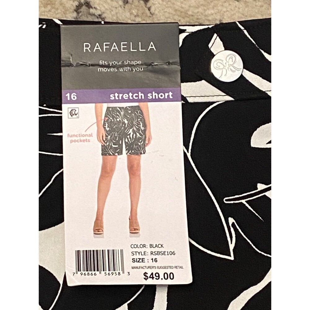 NWT $49 RAFAELLA Women's Size 16 Tropical Stretch Shorts Black White Pockets - Picture 3 of 8